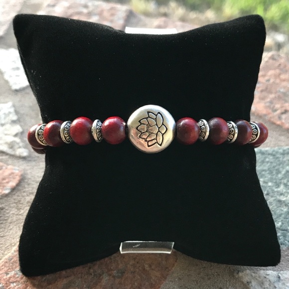 🔴SALE !Red wood boho silver lotus flower bracelet - Picture 5 of 8